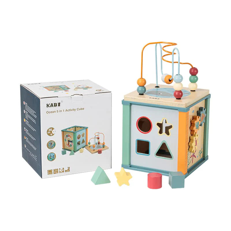 Ocean 5 In 1 Activity Cube Wooden Bead Treasure Box And Beads Toys - Multicolor