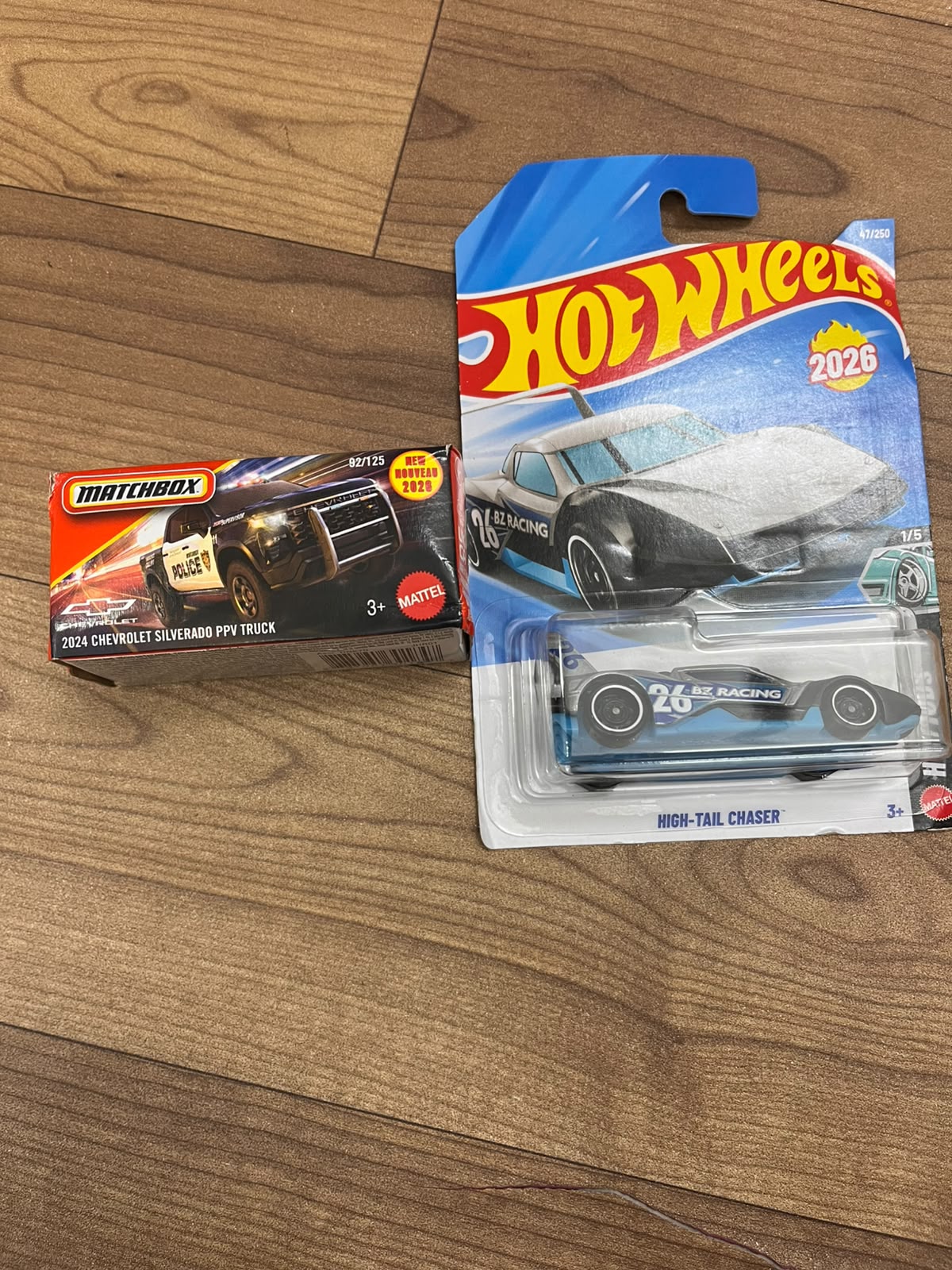 2024 CHEVROLET SILVERADO PPV TRUCK(MATCHBOX CAR) AND HIGH TAIL CHASER HOTWHEELS SINGLE CAR