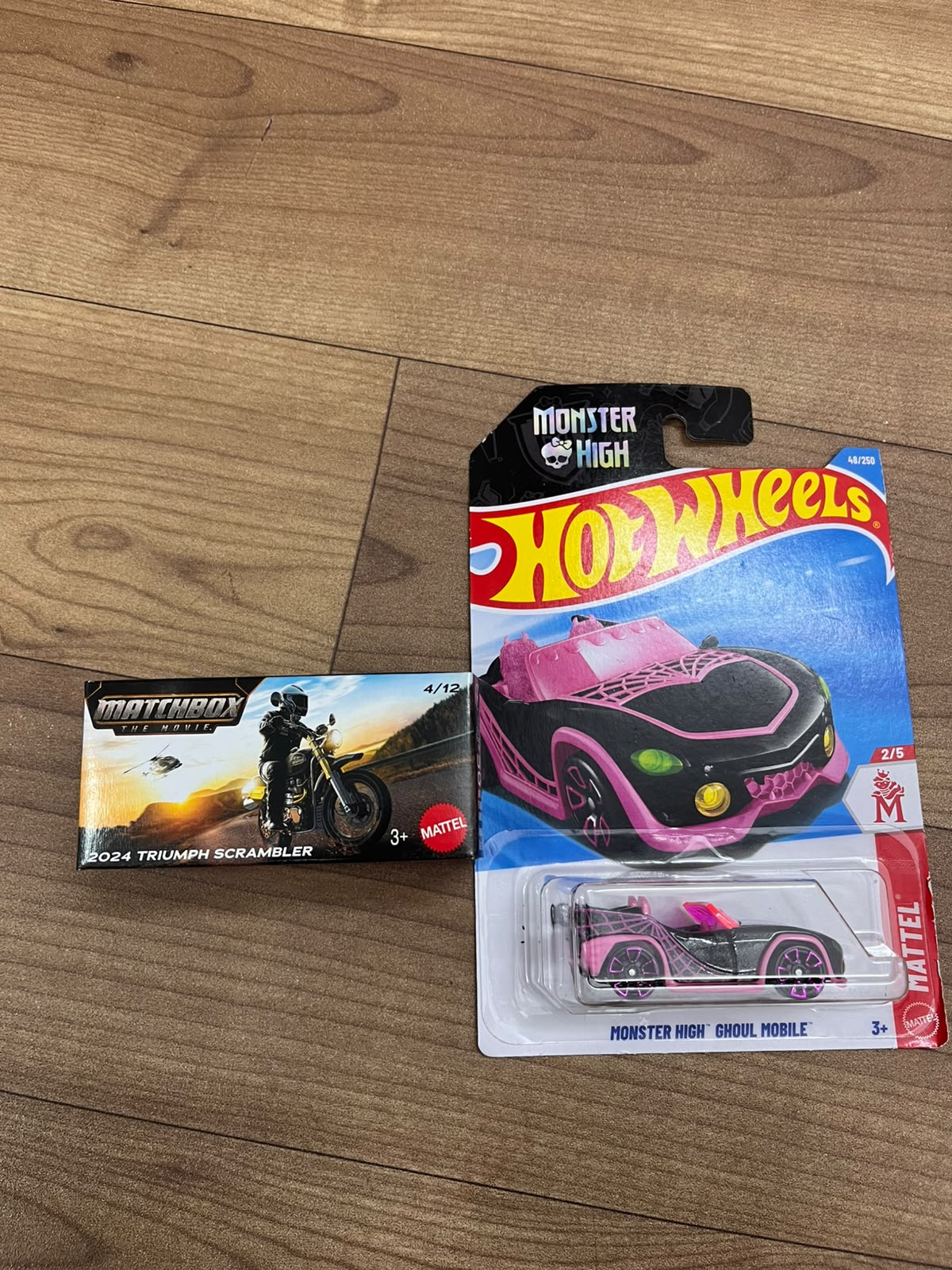 2024 TRIUMPH SCRAMBLER(MATCHBOX CAR) AND MONSTER HIGH GHOUL MOBILE HOTWHEELS SINGLE CAR