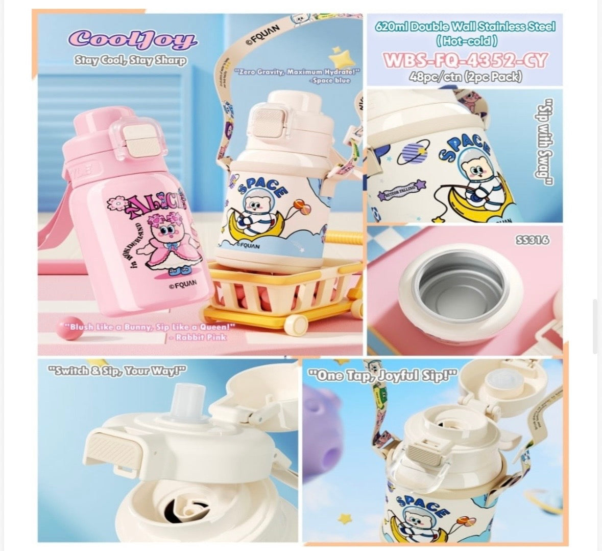 CoolJoy 620ml Double Wall Stainless Steel Kids Hot & Cold Bottle (SS316)