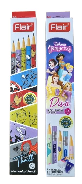 Flair Diva 2mm Mechanical Pencil | Pack of 10 × 2 Boxes (20 Pencils Total) | Disney Princess Edition with Eraser & Sharpener | Smooth, Refillable & Stylish Pencils for Girls, Kids