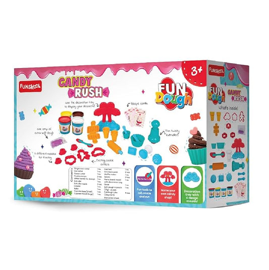 Funskool Fundough Candy Rush, Play Set for Kids, 4 Colorful Tubs of 125g Each (500g Total), Fun Learning & Engaging Activity, Multicolour, Gift Set for Kids, Age 3+ Years