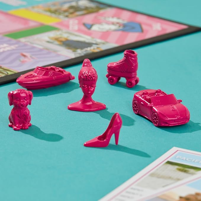 MONOPOLY: Barbie Edition Board Game, Ages 8+, 2-6 Players, Fun Family Games for Kids and Adults, with 6 Barbie-Themed Pink Zinc Tokens, Kids Gifts