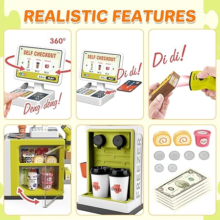 Toy Cash Register Coffee Machine Toys 2 in 1 Play Food for Kids Pretend Play Grocery Store Kids Store Supermarket Playset