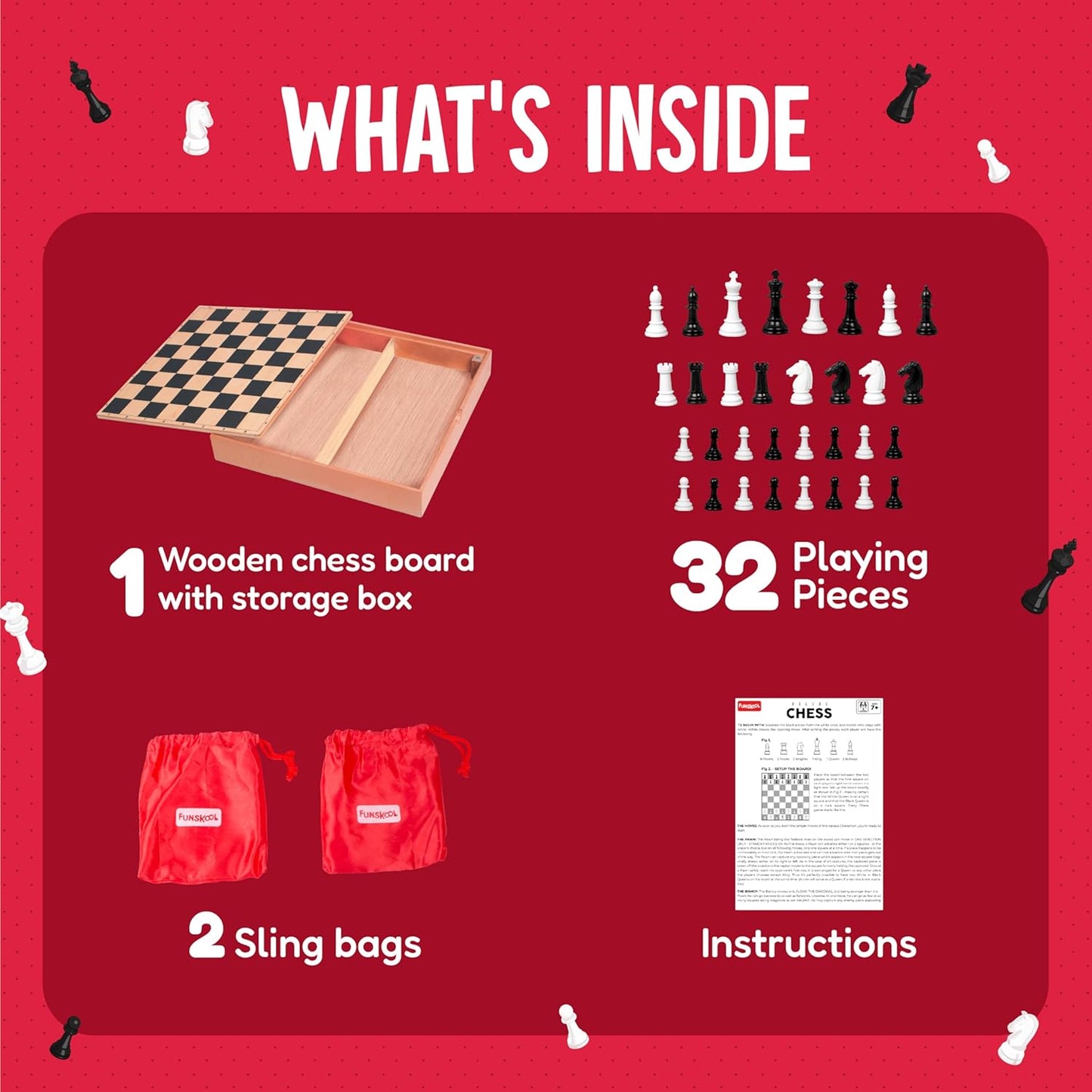 Funskool Games, Deluxe Chess, Wooden Set, War & Strategy, Family Games, Strategy Board Games, Toys for Kids, Wooden Board with Storage Box, Adults & Family, 2 Players, Ages 7 and Above, Multicolour