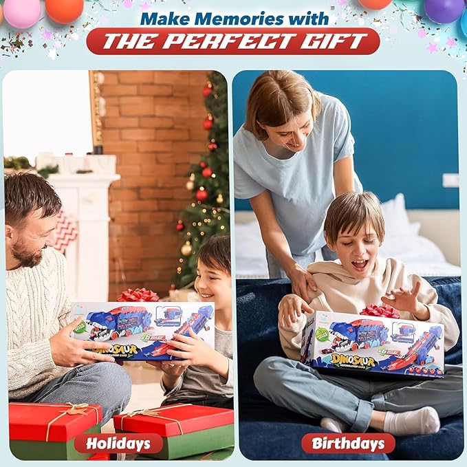 Dinosaur Transport Truck Toy for Boys 2-Layer Transformable Dinosaur Transport Carrier Truck with 2 Diecast Race Cars