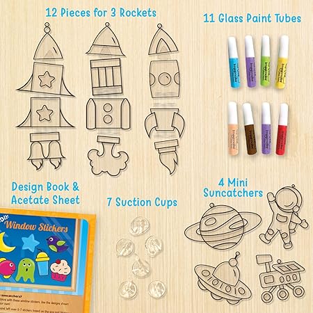 Imagimake Window Art - Rocket - 16 Pieces Glass Painting Set - Astronaut, Rover, Space Designs - Craft Kit for Boys & Girls 5 Years & Above, Multicolor