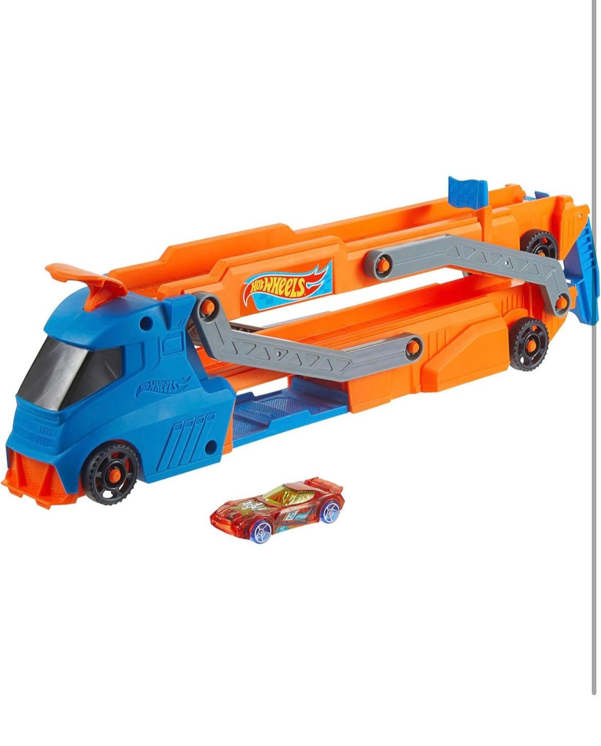 Hot Wheels Toy Car, Truck, Hauler & Track with 1:64 Scale Toy Car, Large Truck Transforms into 2.5+-ft Raceway with a Launcher, Stores up to 9 1:64 Scale Cars, Connects to Other Sets, HYT83