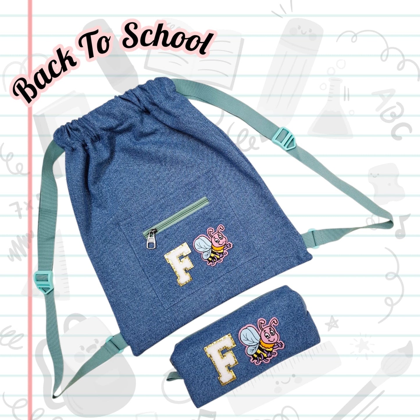 Personalised Denim String Bag And Pencil Pouch Combo