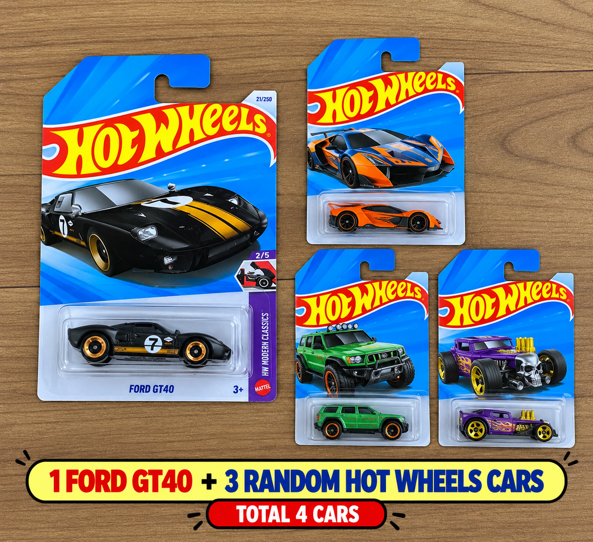 FORD GT40- A CASE OF 2027 SINGLE HOTWHEELS CAR AND 3 RANDOM SINGLE HOTWHEELS CAR