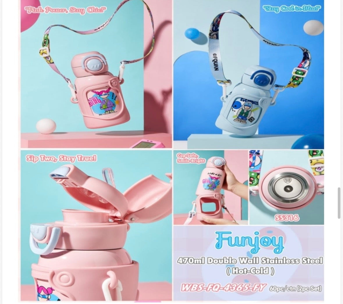 Funjoy- 470ml Double Wall Stainless Steel Waterbottle- Hot and Cold