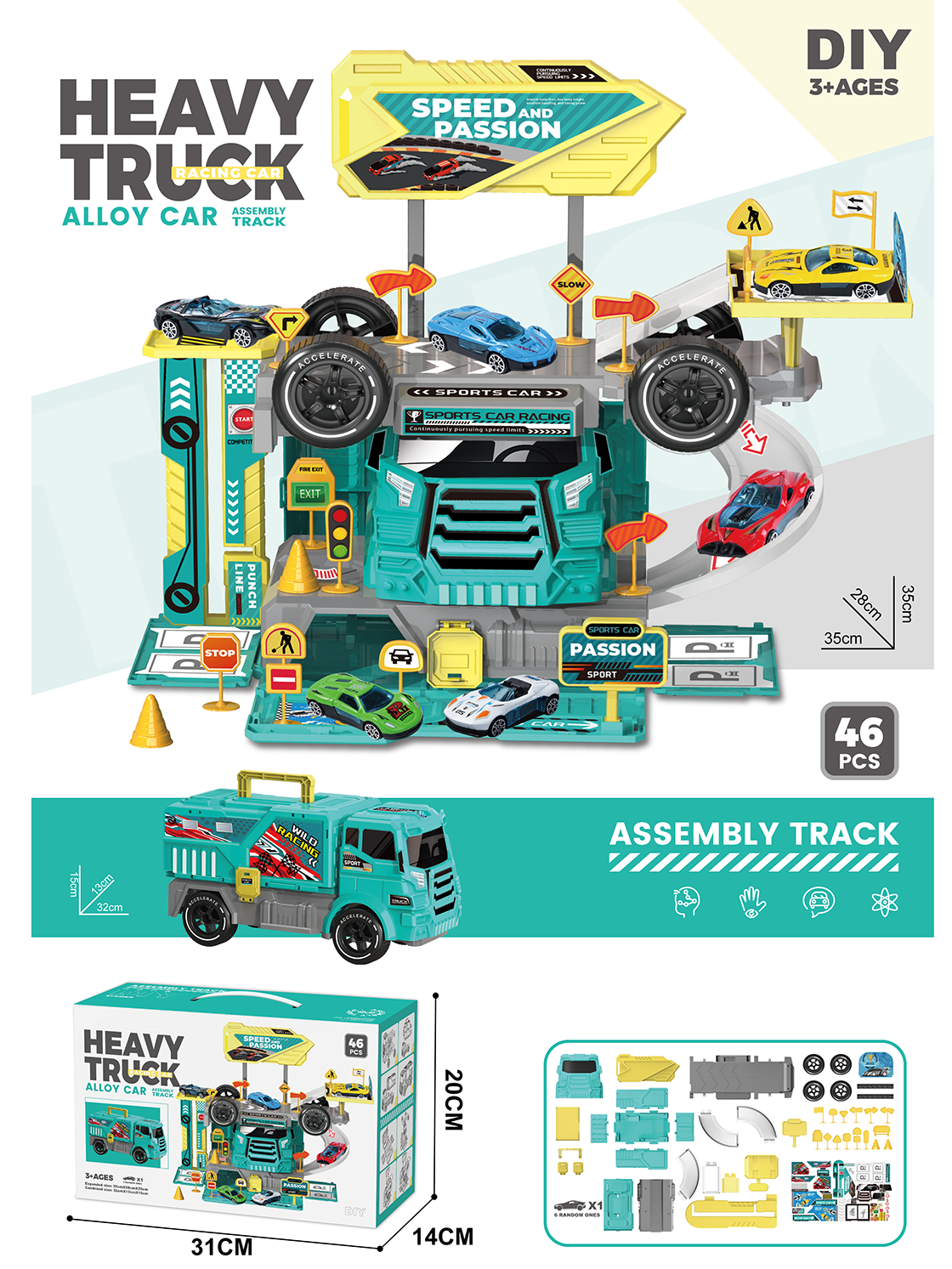 Family Storage 46 PCS Alloy Car Track Toy With One Racer Car and Road Signs Storage Car Parking Lot Adventure Toy