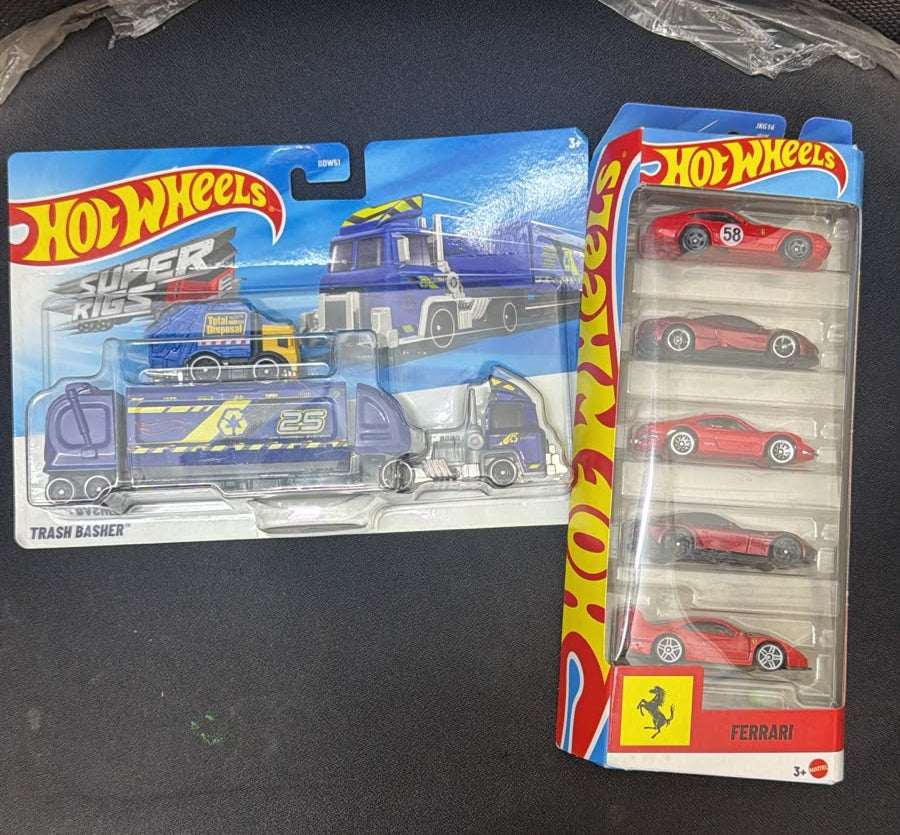 FERRARI- Set of 5 cars and Hotwheels Rig- Trash Basher