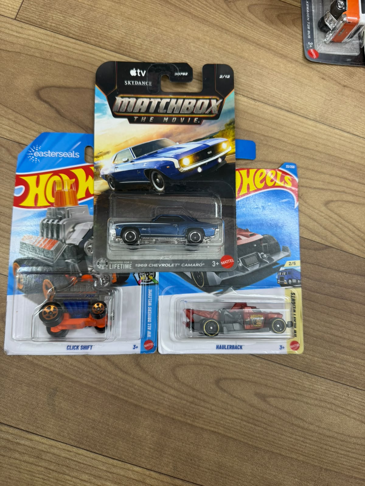 1969 CHEVROLET CAMARO (MATCHBOX CAR- 30782) AND HAULER BACK (SINGLE HOTWHEELS CAR) AND CLICK SHIFT (SINGLE HOTWHEELS CAR)