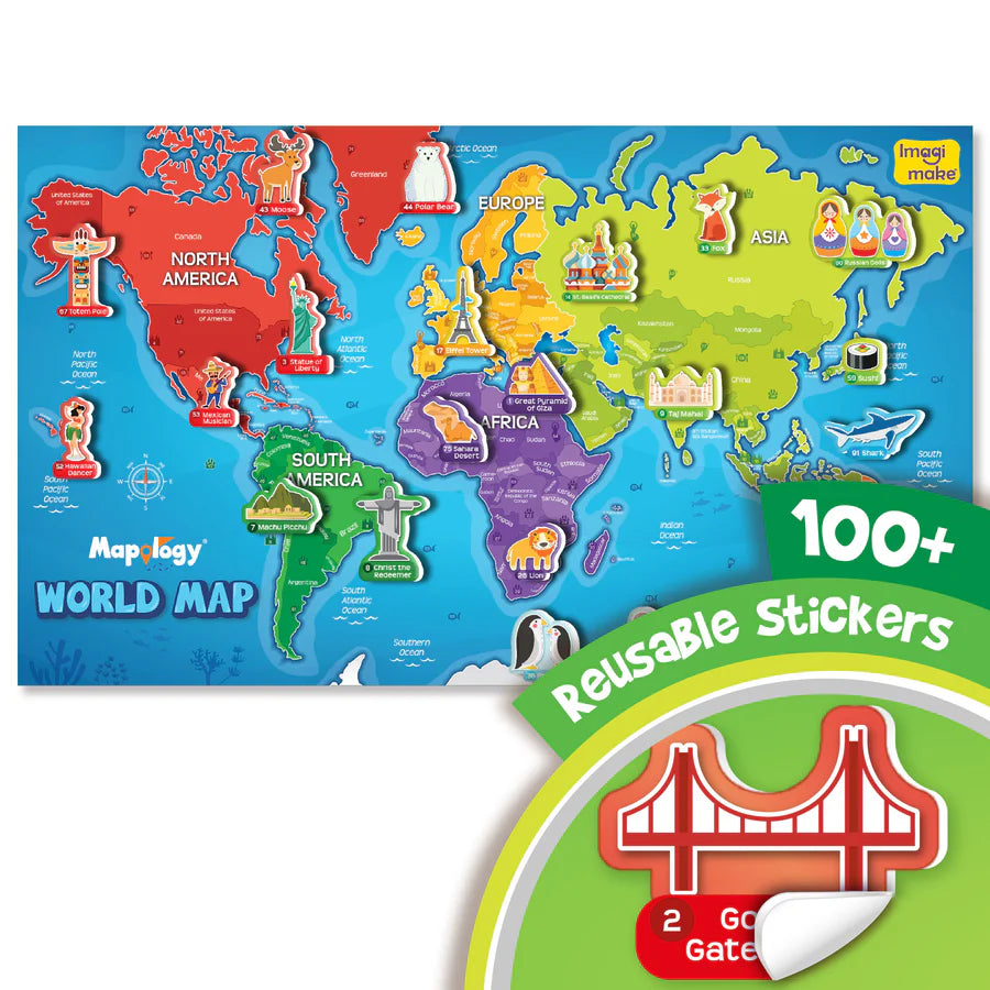Imagimake Mapology World Map Wall Chart with Reusable Stickers