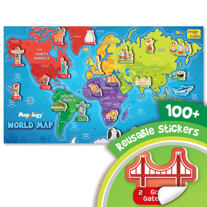 Imagimake Mapology World Map Wall Chart with Reusable Stickers