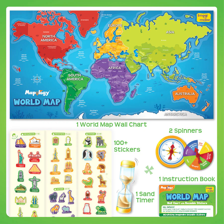 Imagimake Mapology World Map Wall Chart with Reusable Stickers