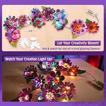 Chalk and Chuckles Flower Lights- DIY 3D Foil Art and Craft Kit for Girls 9-12, Make LED String with 10 Bulbs, Mess Free Festival Activity & Diwali Room Decor, Birthday Gift for Kids Age 8+