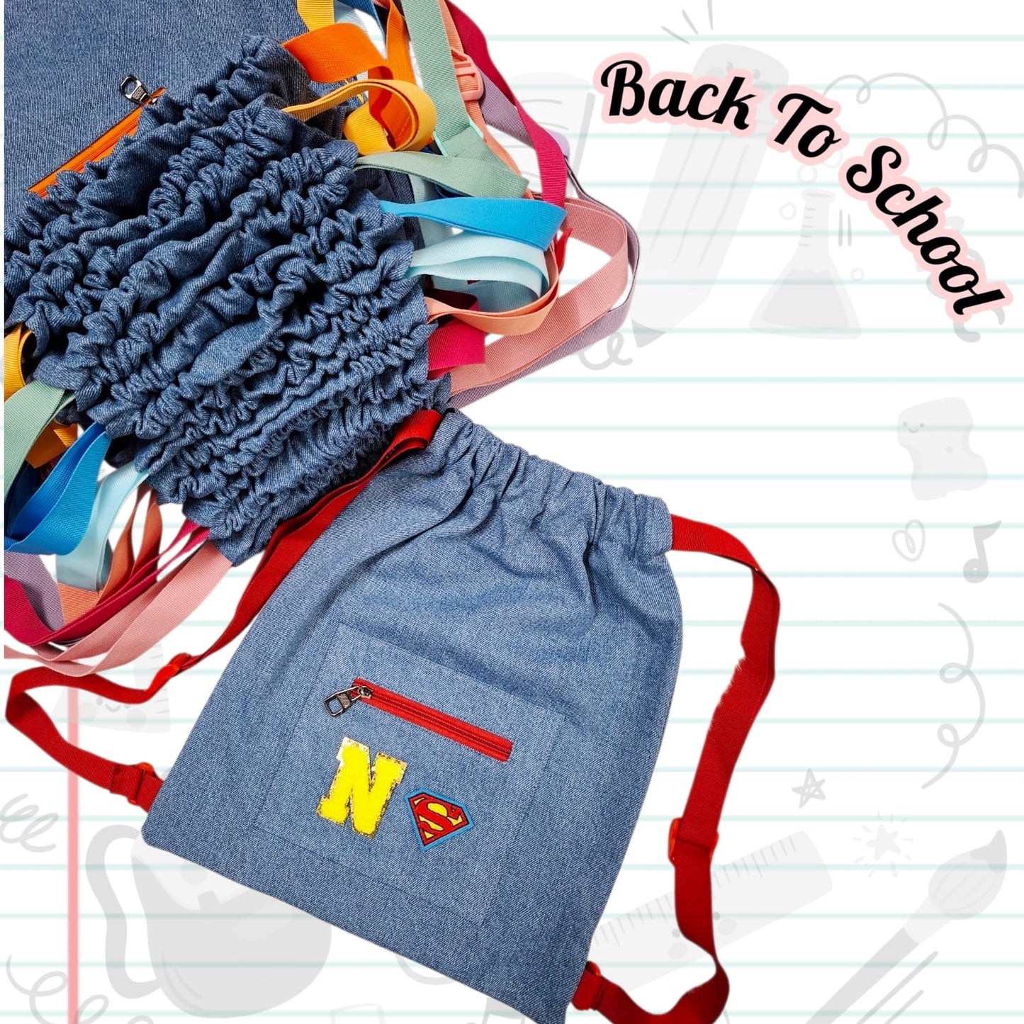 Personalised Denim String Bag And Pencil Pouch Combo