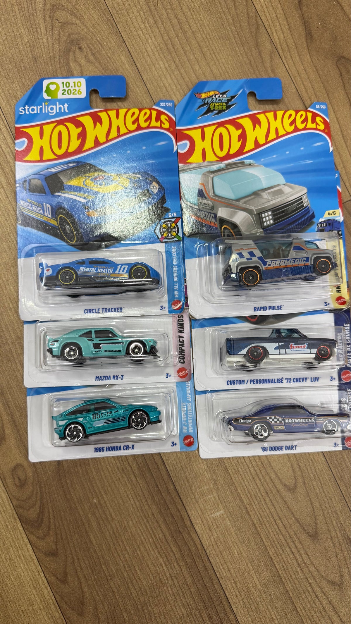 68 DODGE DART AND MAZDA RX- 3 AND 1985 HONDA CR-X AND CUSTOM/ PERSONNALISE 72 CHEVY LUV AND CIRCLE TRACKER  AND RAPID PULSE- SINGLE HOTWHEELS CAR