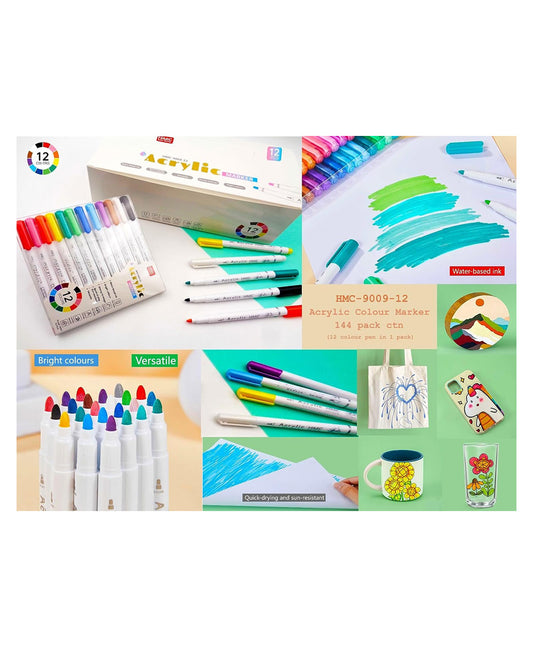 Acrylic Color Marker Pen Set 12 Pieces - Multicolor