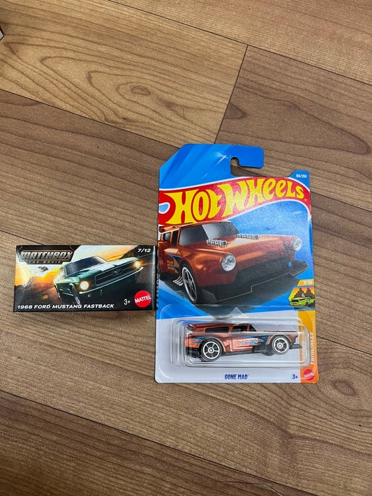 1968 FORD MUSTANG FASTBACK(MATCHBOX CAR) AND GONE MAD HOTWHEELS SINGLE CAR