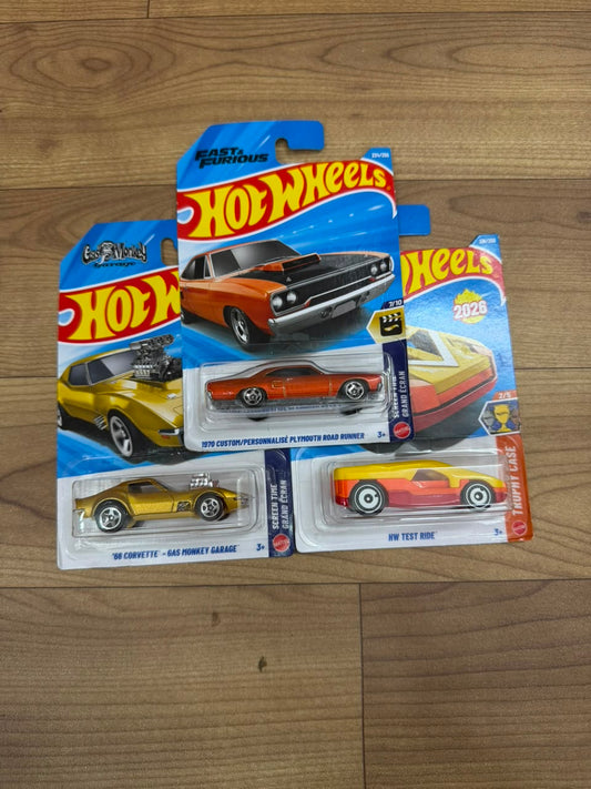 1970 CUSTOM/ PERSONNALISE PLYMOUTH ROAD RUNNER AND HW TEST RIDE AND 68 CORVETTE- GAS MONKEY GARAGE: SINGLE HOT WHEELS CARS (Copy)