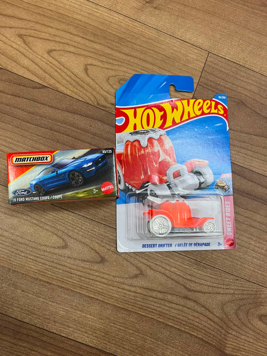 19 FORD MUSTANG COUPE(MATCHBOX CAR) AND DESSERT DRIFTER HOTWHEELS SINGLE CAR