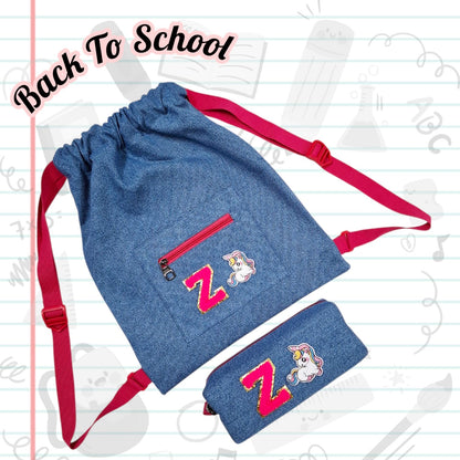 Personalised Denim String Bag And Pencil Pouch Combo