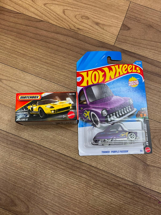 2005 FORD GT(MATCHBOX CAR) AND TOONED PURPLE PASSION HOTWHEELS SINGLE CAR