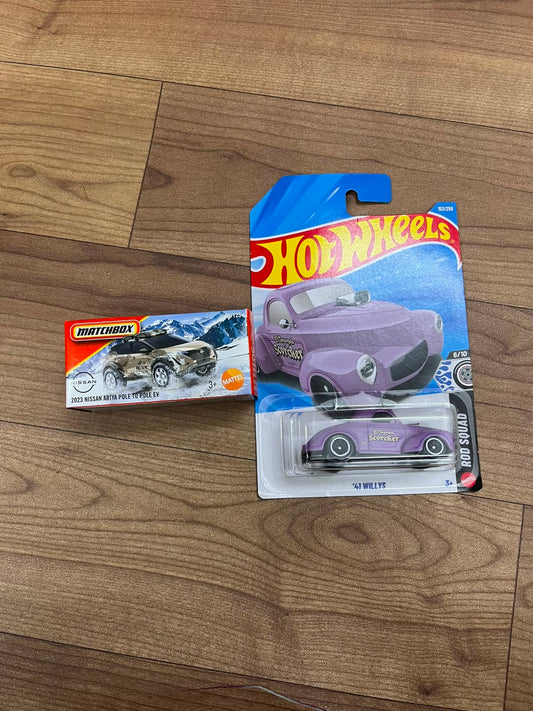 2023 NISSAN ARIYA POLE TO POLE EV(MATCHBOX CAR) AND 41 WILLYS HOTWHEELS SINGLE CAR