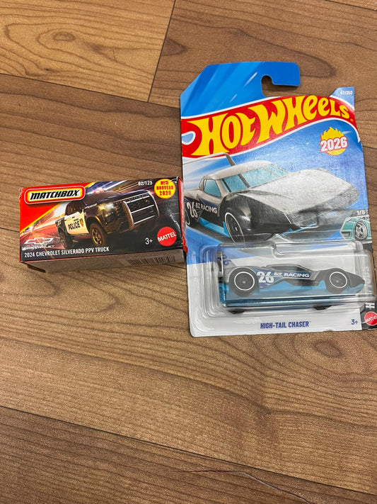 2024 CHEVROLET SILVERADO PPV TRUCK(MATCHBOX CAR) AND HIGH TAIL CHASER HOTWHEELS SINGLE CAR