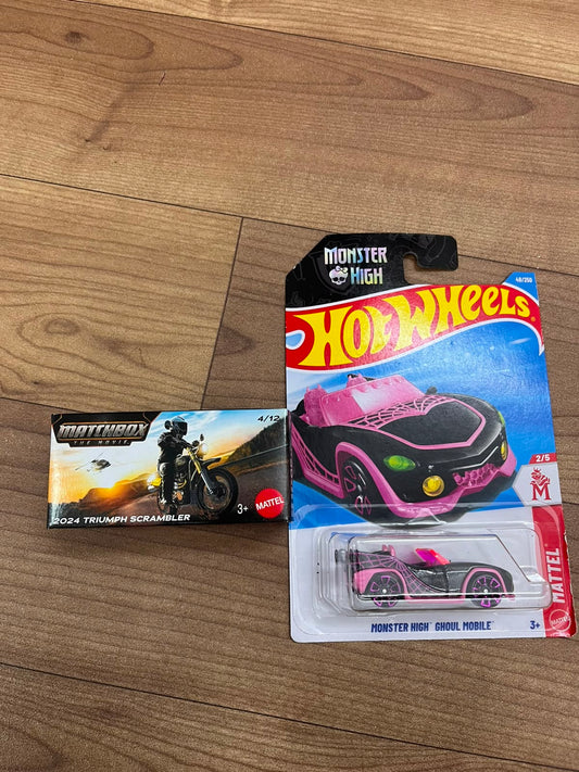 2024 TRIUMPH SCRAMBLER(MATCHBOX CAR) AND MONSTER HIGH GHOUL MOBILE HOTWHEELS SINGLE CAR