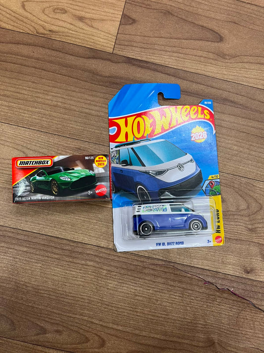 2025 ASTON MARTINI VANQUISH(MATCHBOX CAR) AND VW ID BUZZ BOMB HOTWHEELS SINGLE CAR