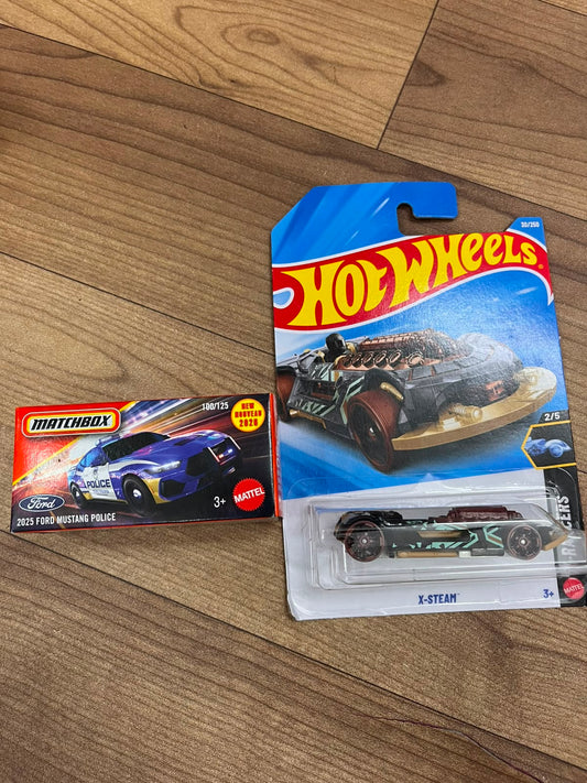 2025 FORD MUSTANG POLICE(MATCHBOX CAR) AND X STEAM HOTWHEELS SINGLE CAR