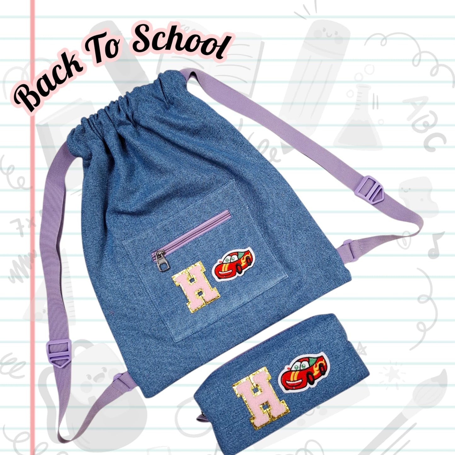 Personalised Denim String Bag And Pencil Pouch Combo