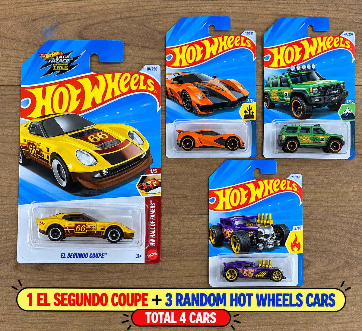 TREASURE HUNT EL SEGUNDO COUPE NEW- TH - A CASE OF 2027 SINGLE HOTWHEELS CAR AND 3 RANDOM SINGLE HOTWHEELS CARS
