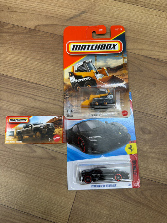SINGLE HOT WHEELS CAR FERRARI SF90 STRADALE and DNK70 (MATCHBOX PWR GBRS HERITAGE)- 2024 Toyota Tacoma and SKIDSTER