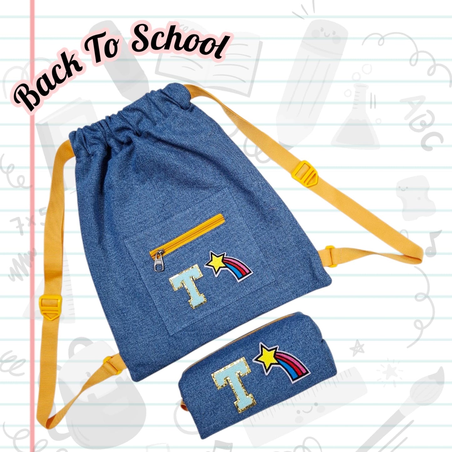 Personalised Denim String Bag And Pencil Pouch Combo