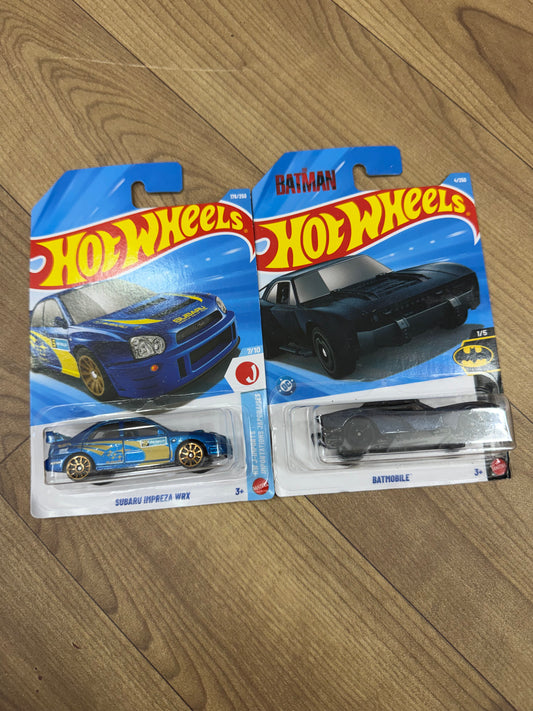 SINGLE HOTWHEELS CAR- SUBARU IMPERA WRX AND BATMOBILE