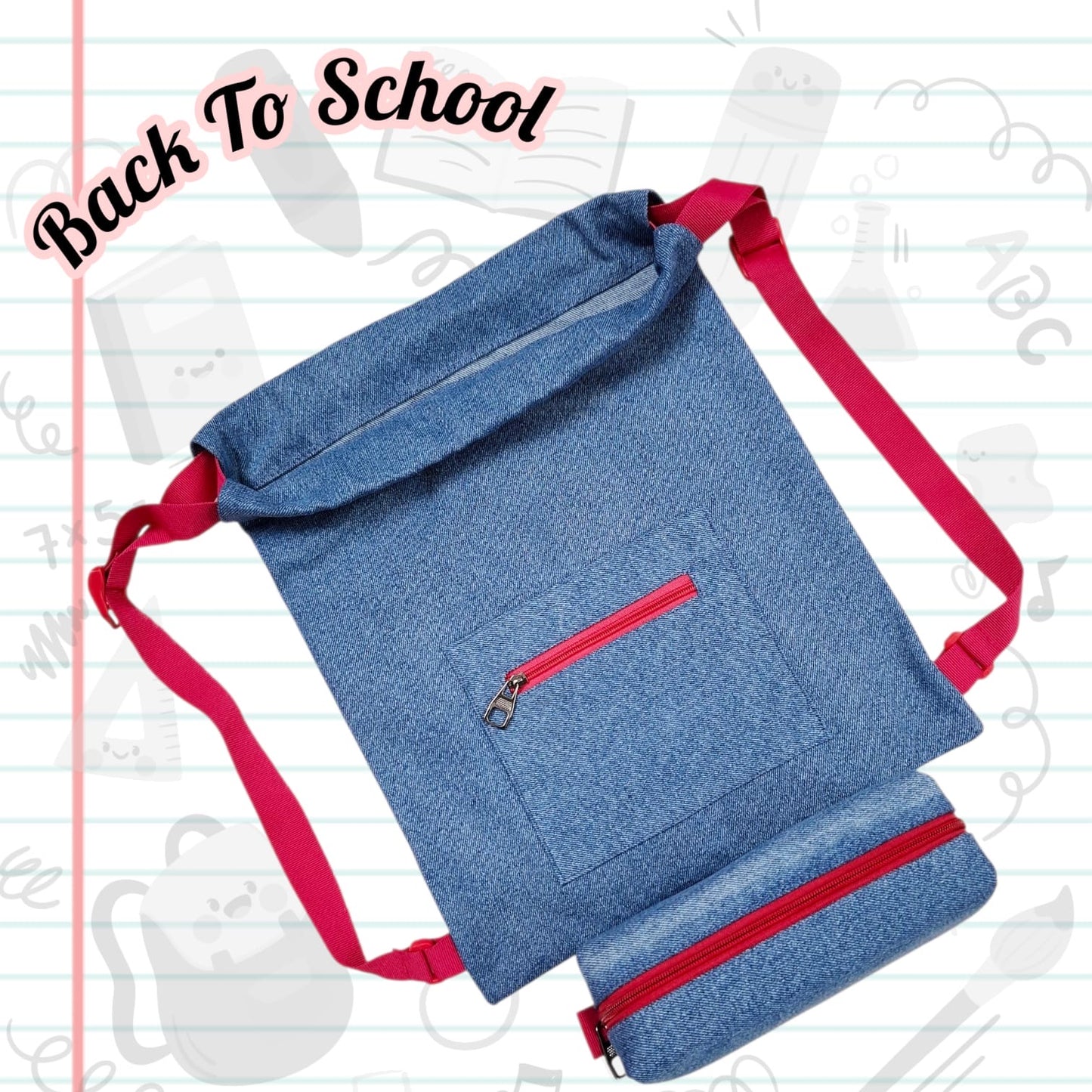 Personalised Denim String Bag And Pencil Pouch Combo
