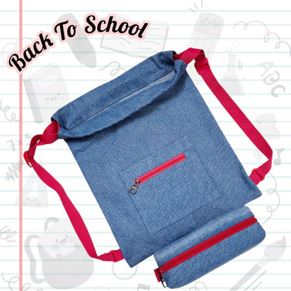 Personalised Denim String Bag And Pencil Pouch Combo