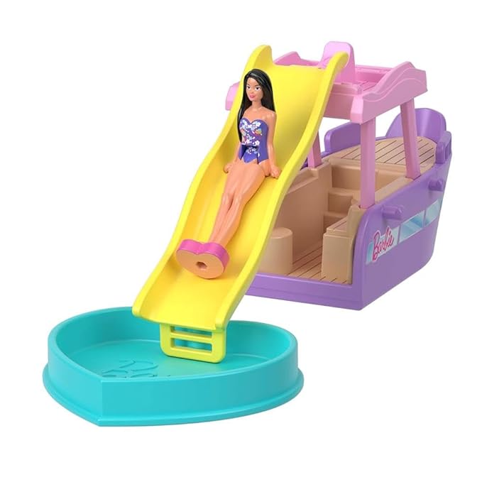 Barbie Mini Barbieland Color Changing Boat with Water for Minifigures with Small Brunette Doll and Slide, Toy +4 Years