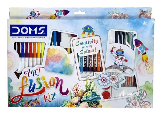 DOMS Art Fusion Kit- Combination of 9 Items- Includes Sketch Pens, Plastic Crayons, Oil Pastel, Water Colour Cakes, Bi-Colour Pencils, Drawing Pencils, Brush, E-Racer Eraser & Pencil Sharpener