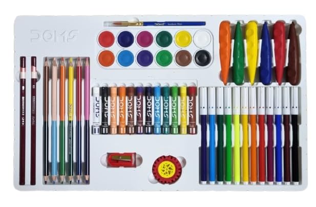 DOMS Art Fusion Kit- Combination of 9 Items- Includes Sketch Pens, Plastic Crayons, Oil Pastel, Water Colour Cakes, Bi-Colour Pencils, Drawing Pencils, Brush, E-Racer Eraser & Pencil Sharpener