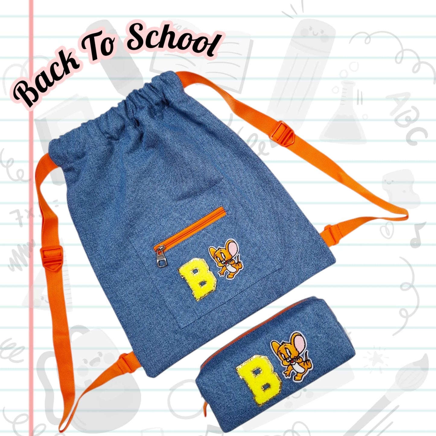 Personalised Denim String Bag And Pencil Pouch Combo