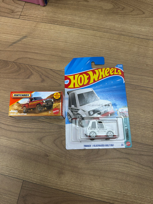 SINGLE HOT WHEELS CAR TOONED VOLKSWAGEN GOLF MK1 and DNK70 (MATCHBOX PWR GBRS HERITAGE)-  1980 JEEP J10 STEPSIDE