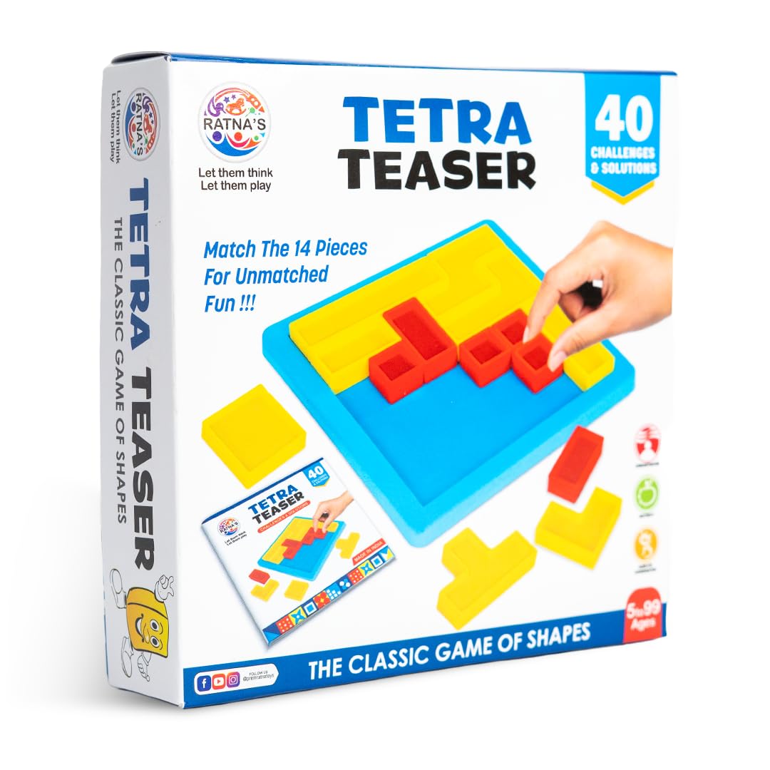 Ratna's Tetra Teaser, Classic Shape Puzzle Game, 40 Challenges, 12 x 12 cm Board, Mind Challenging Family Game for All Ages