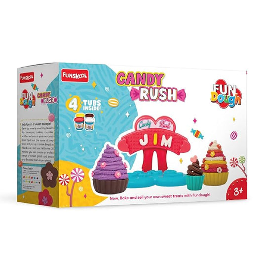 Funskool Fundough Candy Rush, Play Set for Kids, 4 Colorful Tubs of 125g Each (500g Total), Fun Learning & Engaging Activity, Multicolour, Gift Set for Kids, Age 3+ Years
