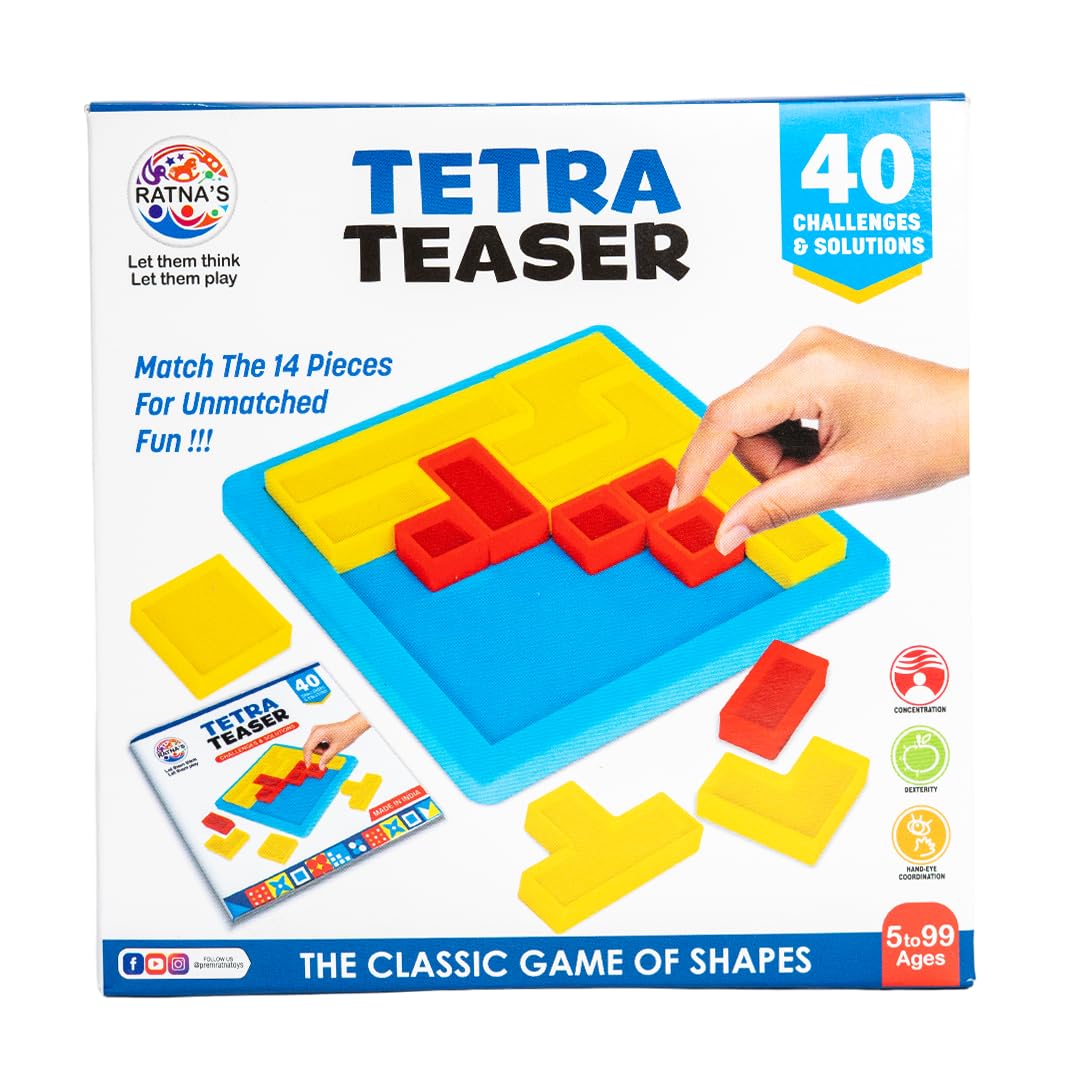 Ratna's Tetra Teaser, Classic Shape Puzzle Game, 40 Challenges, 12 x 12 cm Board, Mind Challenging Family Game for All Ages